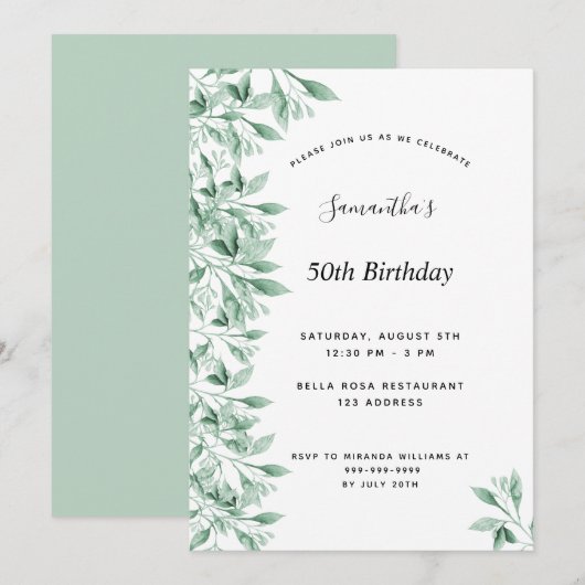 Birthday party green white botanical floral modern kaart (Voorkant / Achterkant)