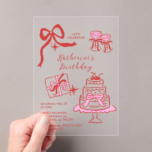 Birthday Party Hand Drawn Red Pink Scribble Acryl Uitnodigingen (Insitu (Draagbaar))