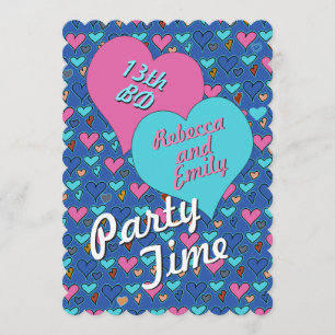 Birthday Party Hearts Teen Twins Custom Uitnodigin Kaart