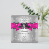 Birthday Party Hot Pink Black Bow Glitter Silver 2 Kaart (Staand voorkant)