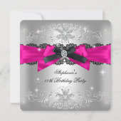 Birthday Party Hot Pink Black Bow Glitter Silver 2 Kaart (Voorkant)