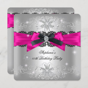 Birthday Party Hot Pink Black Bow Glitter Silver 2 Kaart