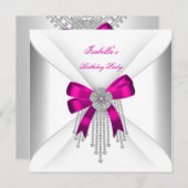 Birthday Party Hot Pink Bow Silver White Diamond Kaart (Voorkant / Achterkant)