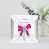 Birthday Party Hot Pink Bow Silver White Diamond Kaart (Staand voorkant)