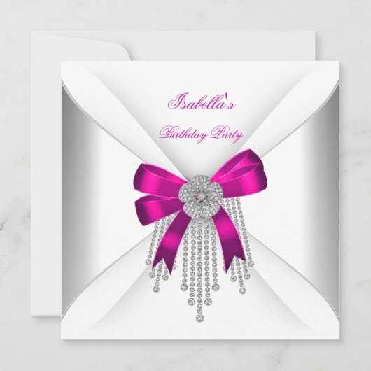 Birthday Party Hot Pink Bow Silver White Diamond Kaart (Voorkant)