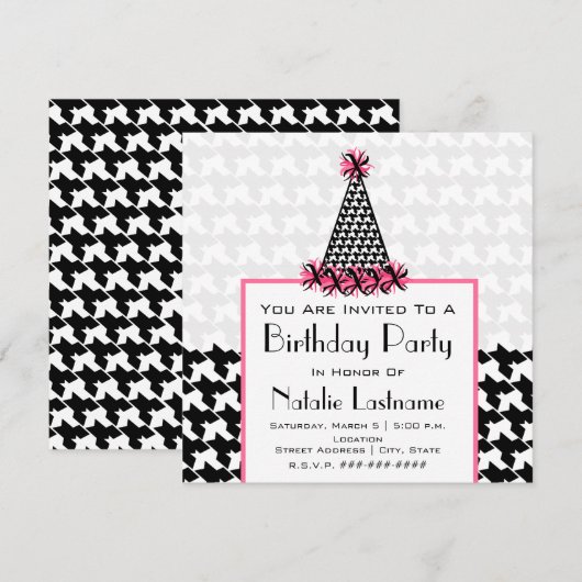 Birthday Party - Houndstooth & Pink Party Pet Kaart (Voorkant / Achterkant)