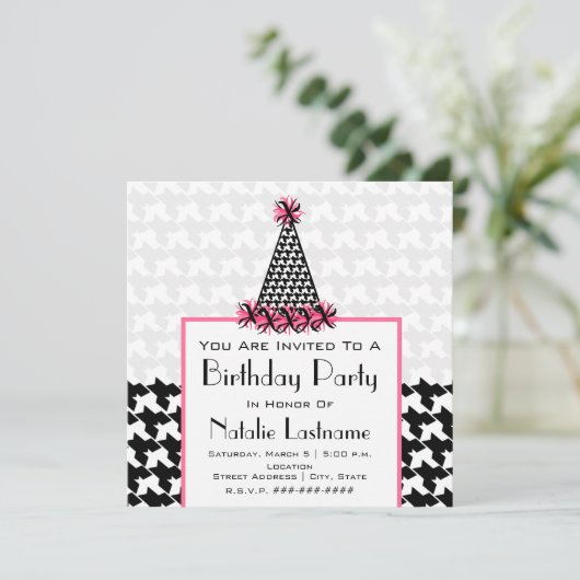 Birthday Party - Houndstooth & Pink Party Pet Kaart (Staand voorkant)