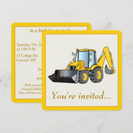 Birthday Party Invision with Backhoe Kaart (Voorkant / Achterkant)