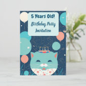 Birthday Party Invitation 5 Year Old Cat Turquoise Aankondiging (Staand voorkant)