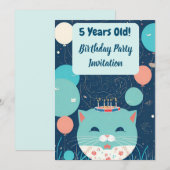 Birthday Party Invitation 5 Year Old Cat Turquoise Aankondiging (Voorkant / Achterkant)