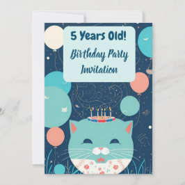 Birthday Party Invitation 5 Year Old Cat Turquoise Aankondiging