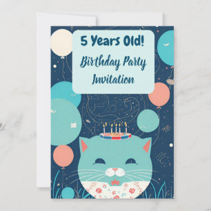 Birthday Party Invitation 5 Year Old Cat Turquoise Aankondiging