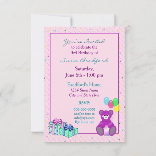 BIRTHDAY PARTY INVITATION - ADD CHILD'S AGE/TEDDY KAART (Achterkant)