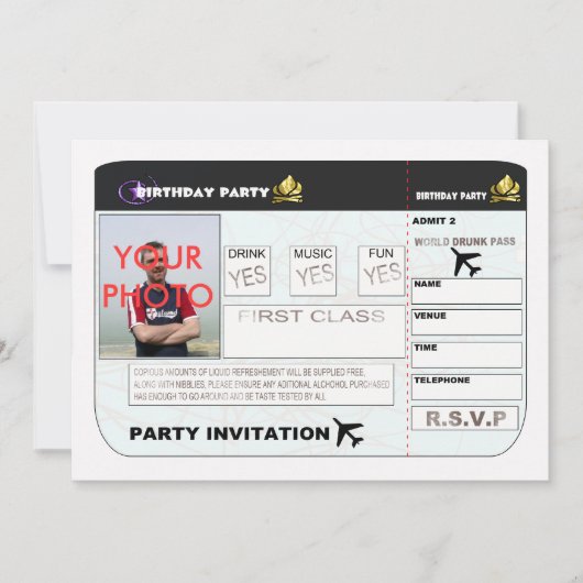 Birthday Party Invitation Airplane Ticket Spoof P Kaart (Voorkant)