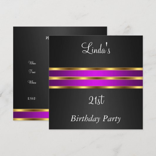 Birthday Party Invitation Black Paars gold Kaart (Voorkant / Achterkant)