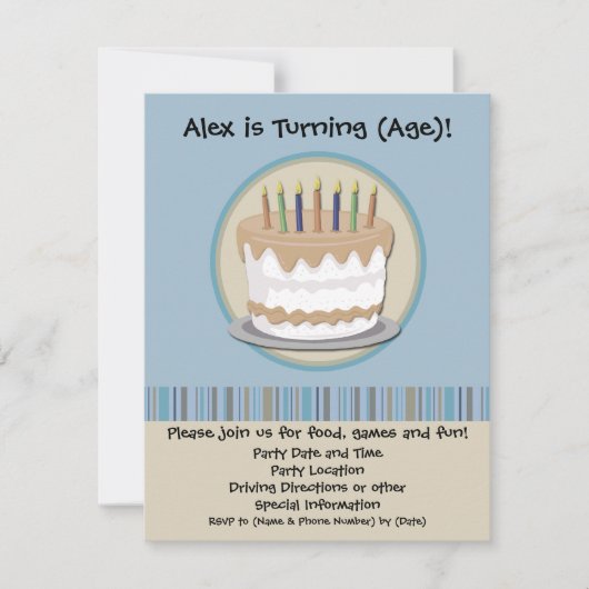 Birthday Party Invitation Blue and Cream Cake Kaart (Voorkant)