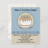 Birthday Party Invitation Blue and Cream Cake Kaart (Voorkant / Achterkant)