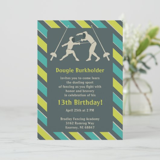 Birthday Party Invitation Blue and Yellow Fencing Kaart (Staand voorkant)