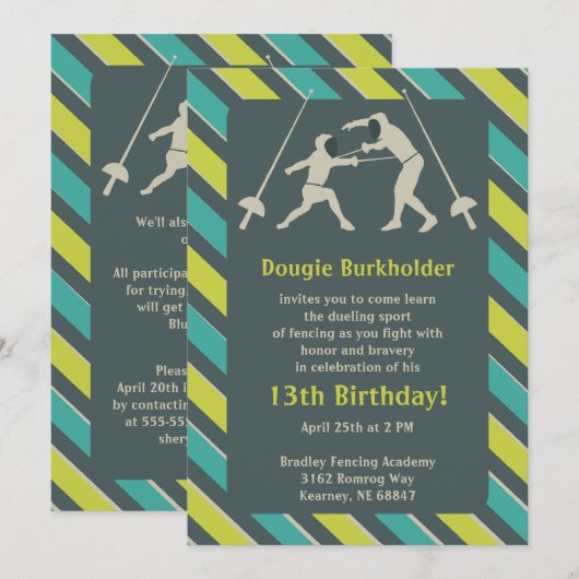 Birthday Party Invitation Blue and Yellow Fencing Kaart (Voorkant / Achterkant)