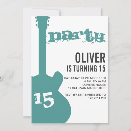 Birthday Party Invitation - Blue Guitar Silhouette Kaart (Voorkant)