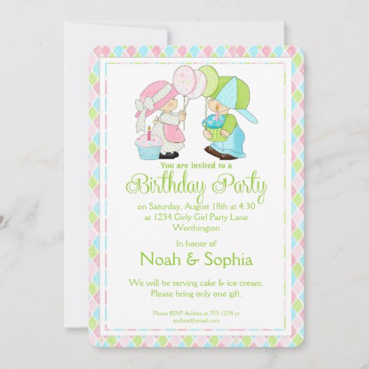 Birthday Party Invitation Boy & Girl Twins d1 Kaart (Voorkant)