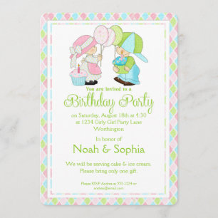 Birthday Party Invitation Boy & Girl Twins d1 Kaart