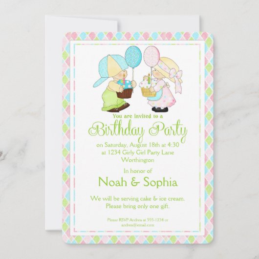 Birthday Party Invitation Boy & Girl Twins d2 Kaart (Voorkant)