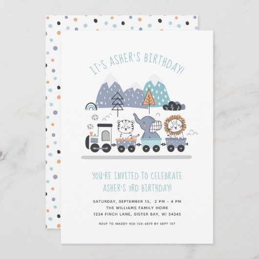 Birthday Party Invitation Cute Animal Train Kaart (Voorkant / Achterkant)