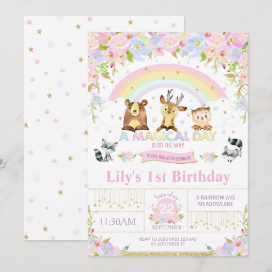 Birthday Party Invitation Floral Woodland Animals Kaart (Voorkant / Achterkant)