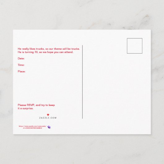 Birthday Party Invitation for 70 yr Old Male Uitnodiging Briefkaart (Achterkant)