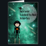 Birthday Party Invitation for Son, Space Theme<br><div class="desc">Een feestdag voor je jonge zoon, met een 'Out of This World', ruimtethema. Het ontwerp is een illustratie van een jonge jongen in een ruimtepak, met een achtergrond van planeten, sterren en enkels in turquoise. Perfecte uitnodiging voor die speciale partij, en het kan ook gebruikt worden voor een jonge dochter....</div>