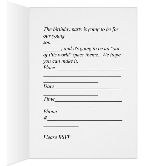 Birthday Party Invitation for Son, Space Theme (Binnen (Rechts))