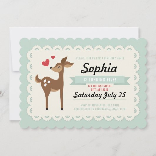 Birthday Party Invitation Girl Cute Retro Deer Kaart (Voorkant)
