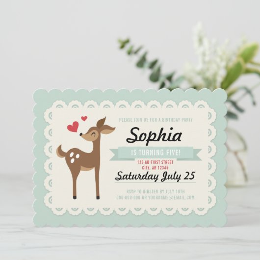Birthday Party Invitation Girl Cute Retro Deer Kaart (Staand voorkant)