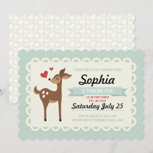 Birthday Party Invitation Girl Cute Retro Deer Kaart