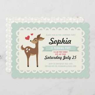 Birthday Party Invitation Girl Cute Retro Deer Kaart