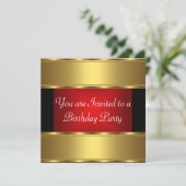 Birthday Party Invitation Gold Black Red Kaart (Staand voorkant)