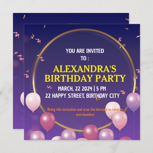 Birthday Party Invitation Kaart (Voorkant / Achterkant)