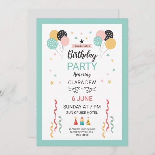 Birthday Party Invitation Kaart (Voorkant / Achterkant)