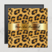 Birthday Party Invitation Leopard Gold Black Kaart (Voorkant / Achterkant)