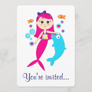 Birthday Party Invitation Mermaid and Dolphin Kaart