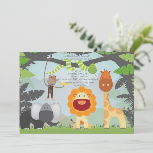 Birthday party Invitation oerwoud Zoo Animals Kaart (Staand voorkant)