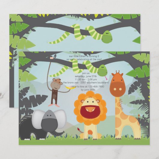 Birthday party Invitation oerwoud Zoo Animals Kaart (Voorkant / Achterkant)
