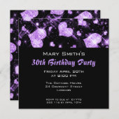 Birthday Party Invitation Paars Glitter Hearts Kaart (Voorkant / Achterkant)