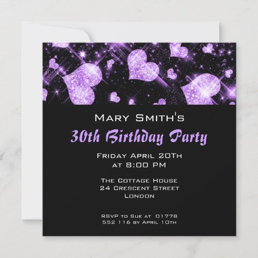 Birthday Party Invitation Paars Glitter Hearts Kaart (Voorkant)