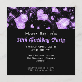Birthday Party Invitation Paars Glitter Hearts Kaart