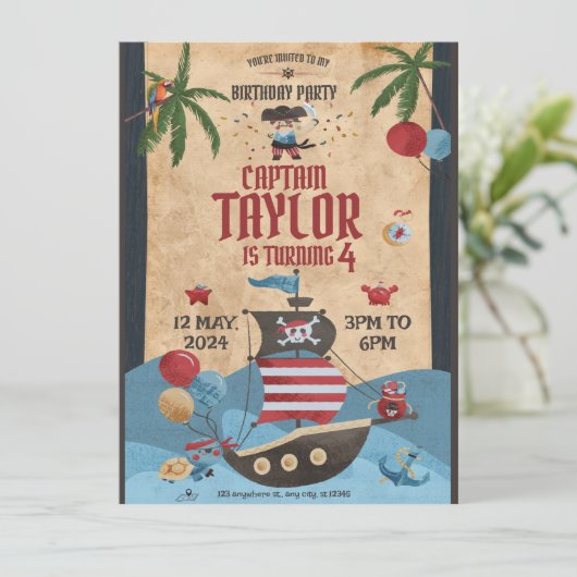 Birthday Party Invitation Red and Blue Cool Pirate Kaart (Staand voorkant)