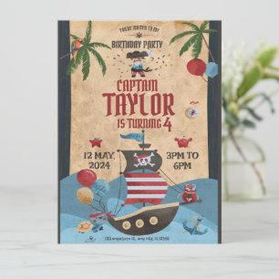 Birthday Party Invitation Red and Blue Cool Pirate Kaart