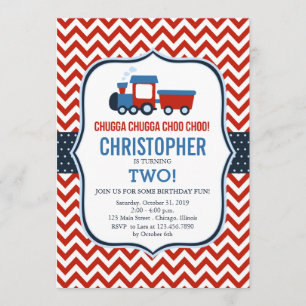 Birthday Party Invitation Red and Blue Train Kaart