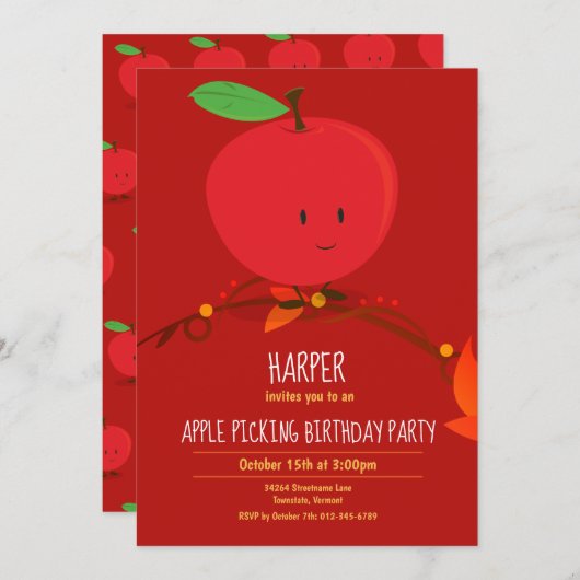 Birthday Party Invitation Red Apple van kind Kaart (Voorkant / Achterkant)